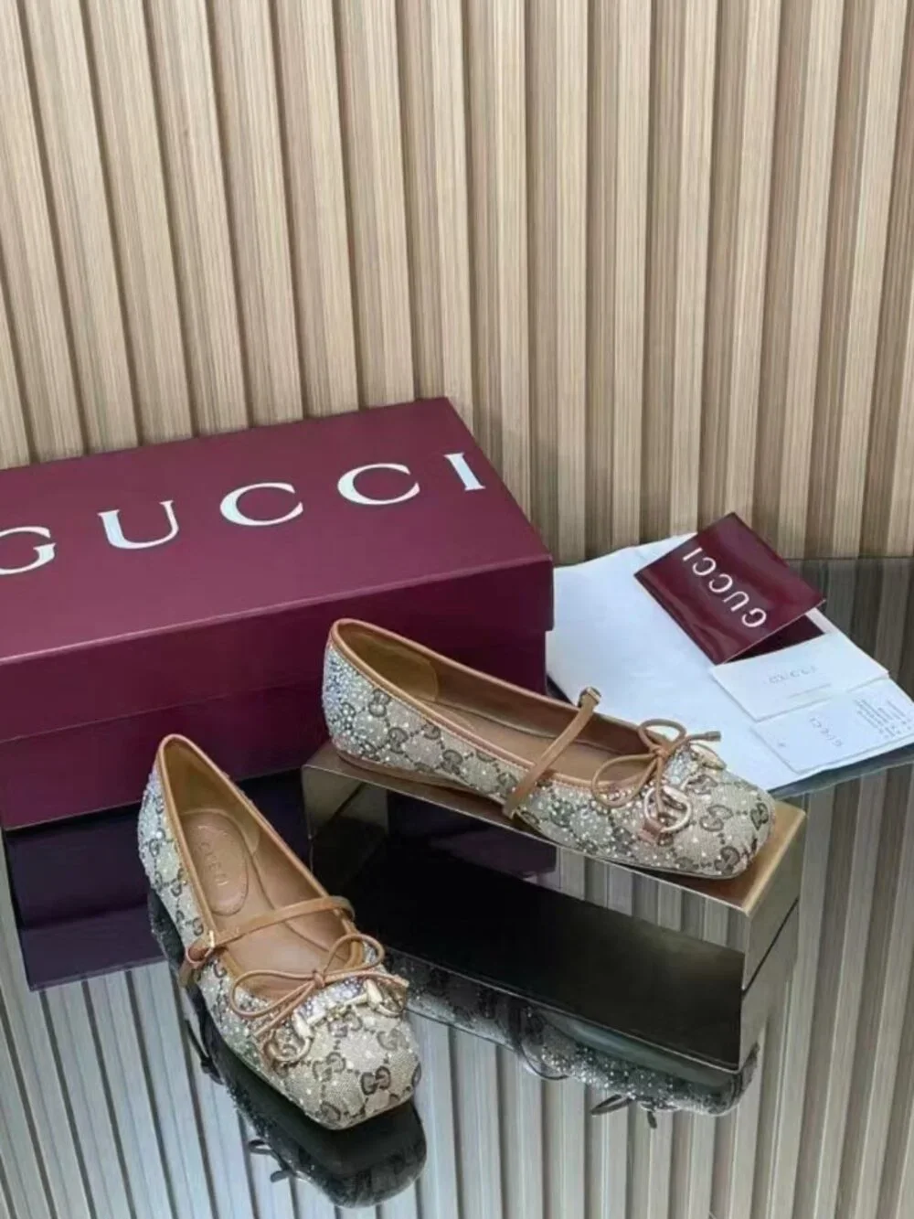 Gucci Monogram Canvas Rhinestone Horsebit Bow Mary‑Jane Flats